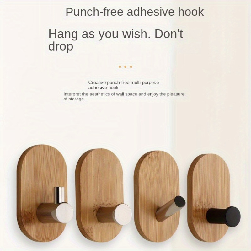 Bamboo Wood Wall Hooks, 4 Self Adhesive Hooks Adhesive Hooks Stainless  Steel Bamboo Wooden Hooks Self Adhesive Wooden Hooks No Drilling To Hang Up