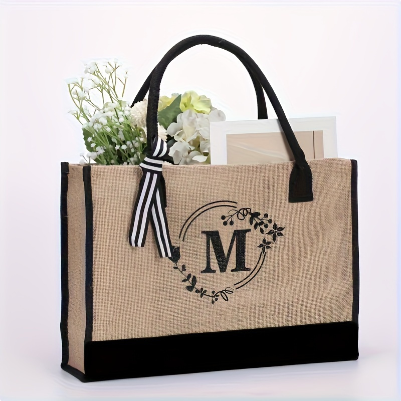 1pc Simple Large Capacity Shopping Tote Bag, Printed Letter Jute Handbag, For Travel Picnic Camping Outdoor Bag, Household Supplies