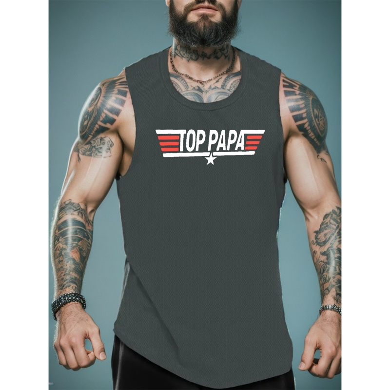 

''top Papa'' Print, Men's Graphic Tanktop, Casual Comfy Breathable Sleeveless Shirt For Summer, Mens Clothing