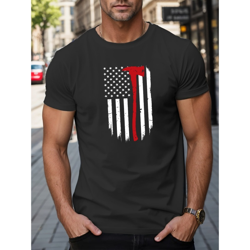 

American Flag & Red Ax Print Tees For Men, Casual Quick Drying Breathable T-shirt, Short Sleeve T-shirt For Summer