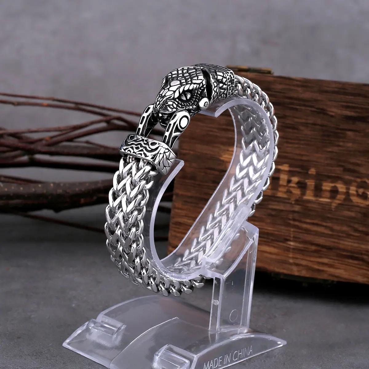 Fade Resistant Stainless Steel Viking Snake Head Bracelet for Men