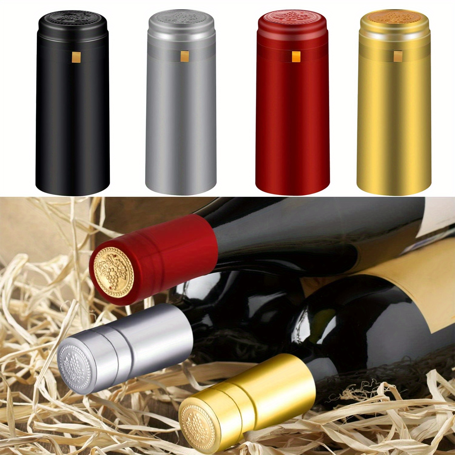 Tapón de corcho para botella de vino con tapa de plástico negro, cápsulas  termorretráctiles de PVC dorado, rojo y negro, corchos de vino en forma de  T