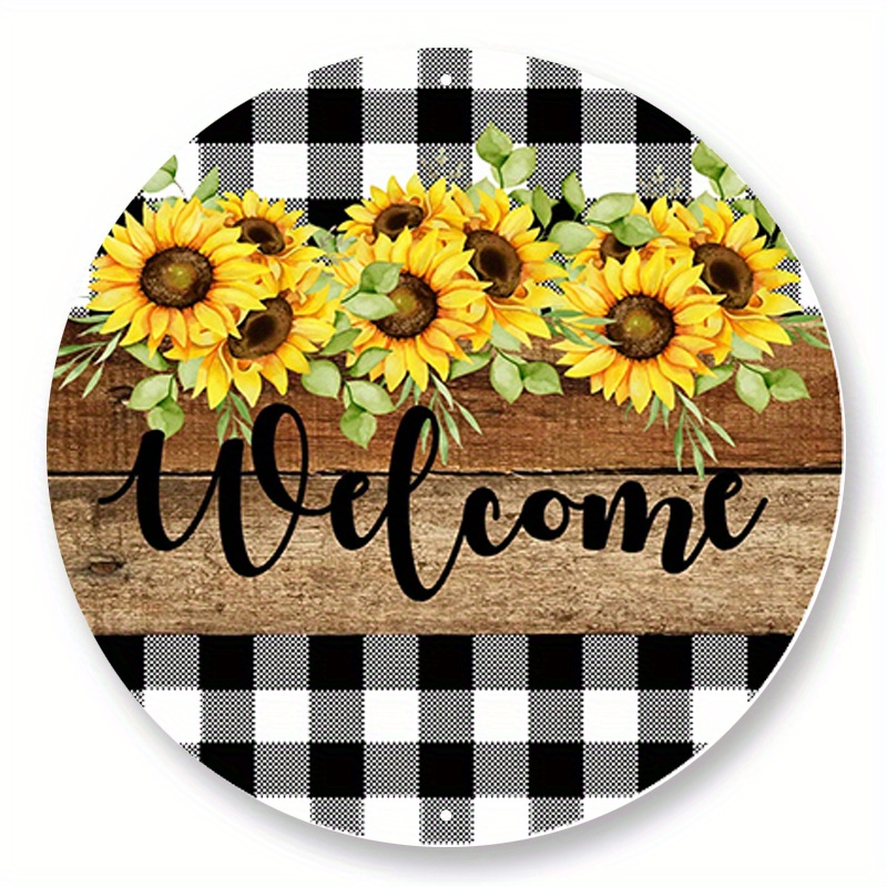 

1pc 8x8inch Aluminum Metal Sign, Round Buffalo Plaid Sunflower Welcome Sign, Wreath Sign, Wreath Attachment, Metal Sign