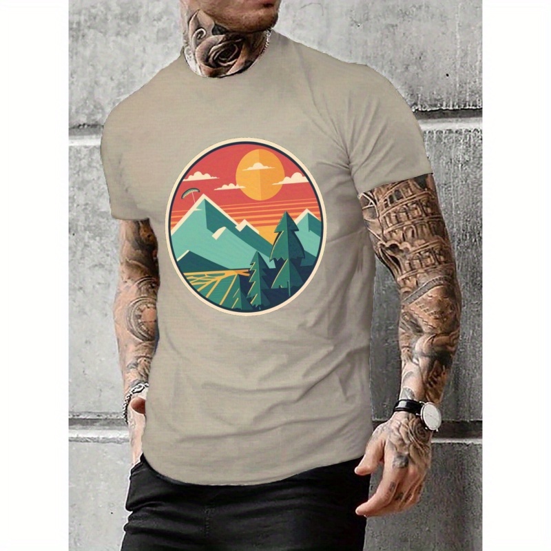 

Creative Mountain Sunrise Pattern Print, Men's Graphic Design Crew Neck Active T-shirt, Casual Comfy Tees Tshirts For Summer, Men's Clothing Tops For Daily Gym Workout Running