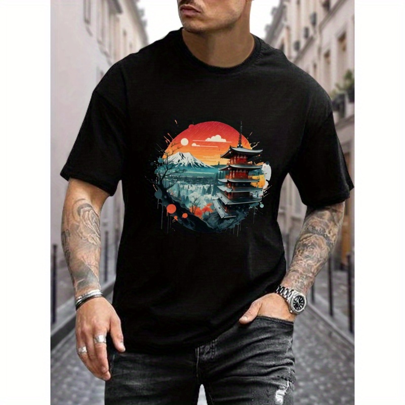

Japan Landscape Print T-shirt For Men, Trendy Short Sleeve Top, Men's Clothing