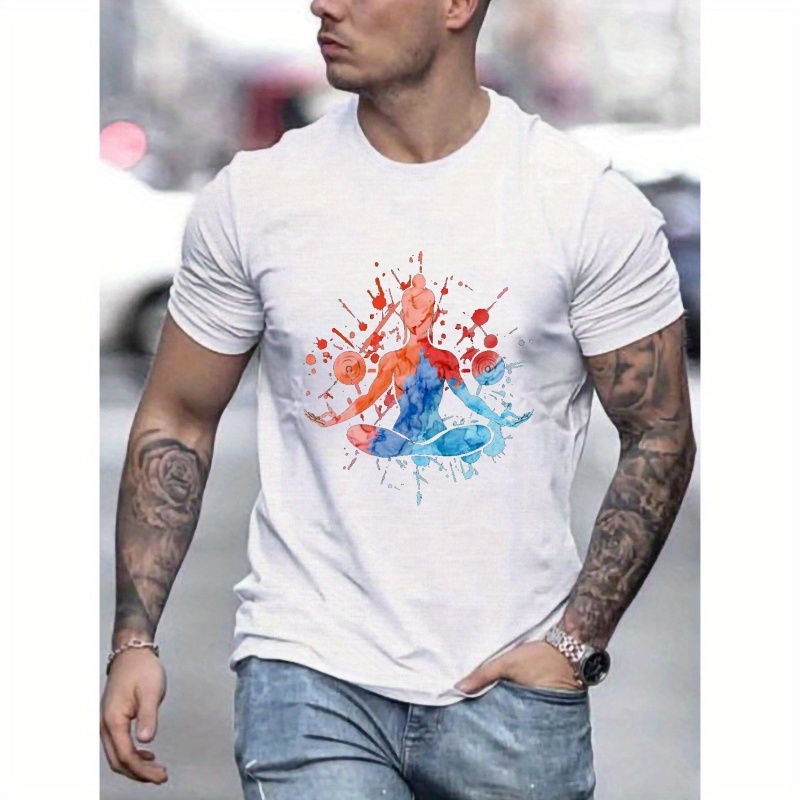 

Watercolor Yoga Print T-shirt For Men, Trendy Short Sleeve Top, Men's Clothing