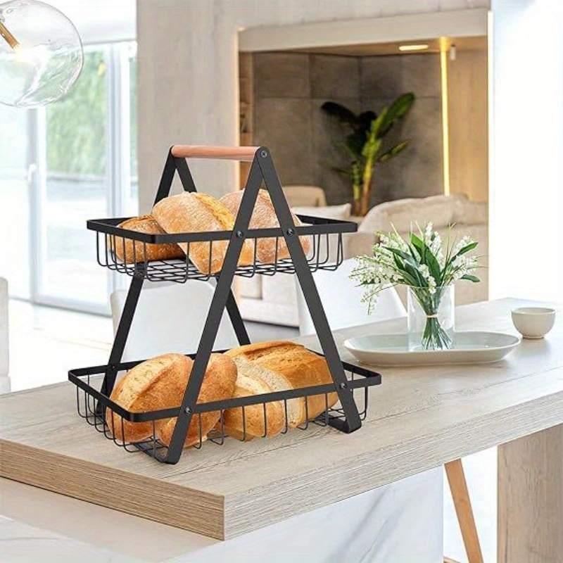 Fruit Basket With Wooden Handle Kitchen Desk Storage - Temu