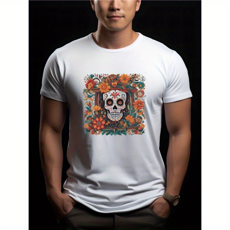 

Mexican Element Skull Print Tees For Men, Casual Crew Neck T-shirt, Short Sleeve T-shirt For Summer
