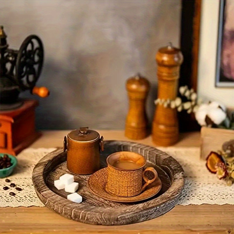 

1pc Rustic Wooden Serving Tray, Round Wood Butler Decorative Tray, Vintage Centerpiece Candle Holder Trays, Farmhouse Ottoman Tray, For Kitchen Countertop, Home Decor For Coffee Table
