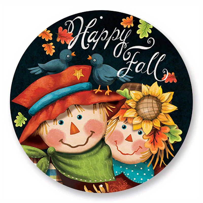 

1pc 8x8inch Aluminum Metal Sign Scarecrow Happy Fall Wreath Sign, Round Wreath Sign, Wreath Attachment, Metal Sign