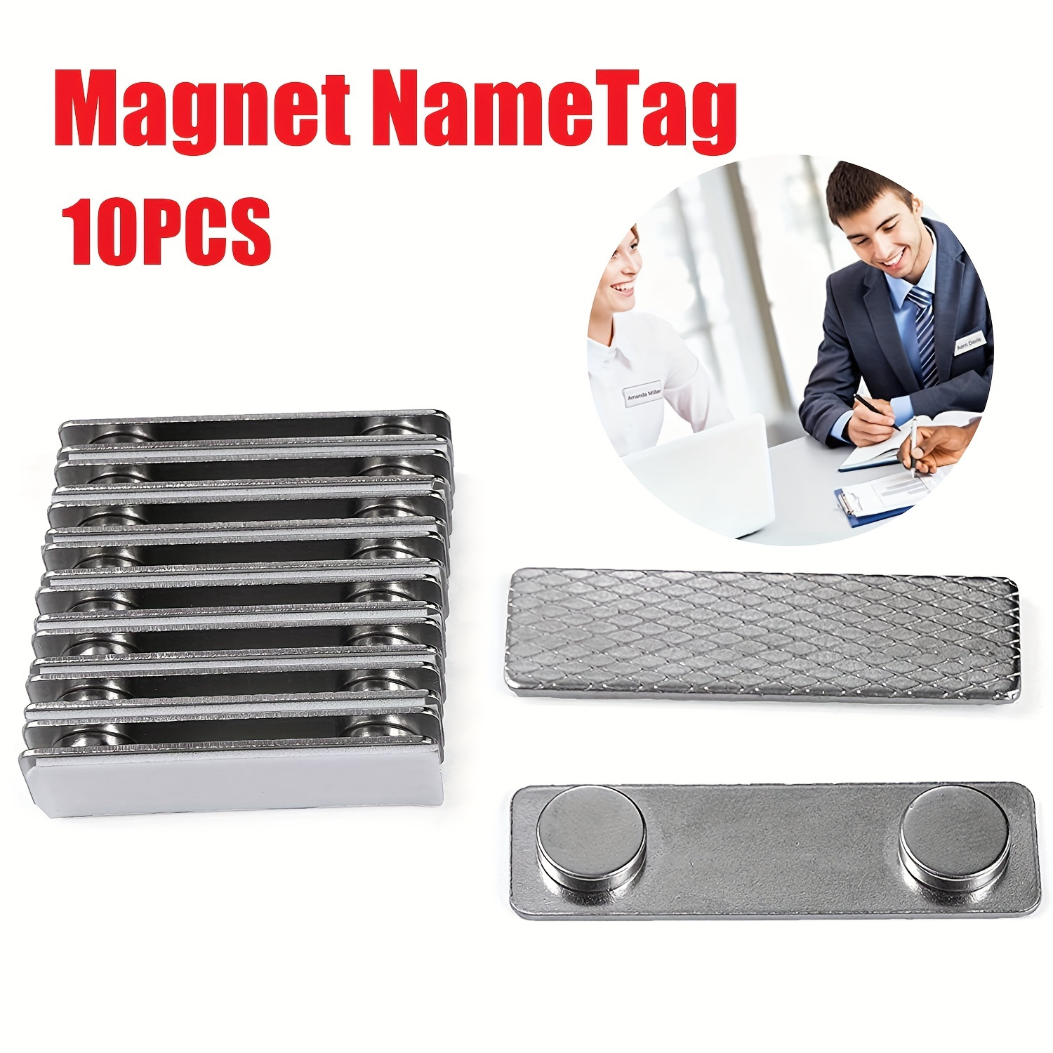 Paquete de 100 etiquetas magnéticas de nombre con etiquetas de nombre en  blanco, placa magnética reutilizable con 3 pines magnéticos, parte trasera