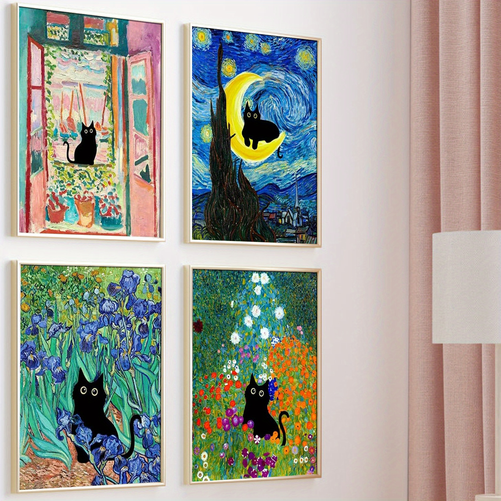 4pcs Starry Night Garden Black Cat Paint By Number Kit For Adults