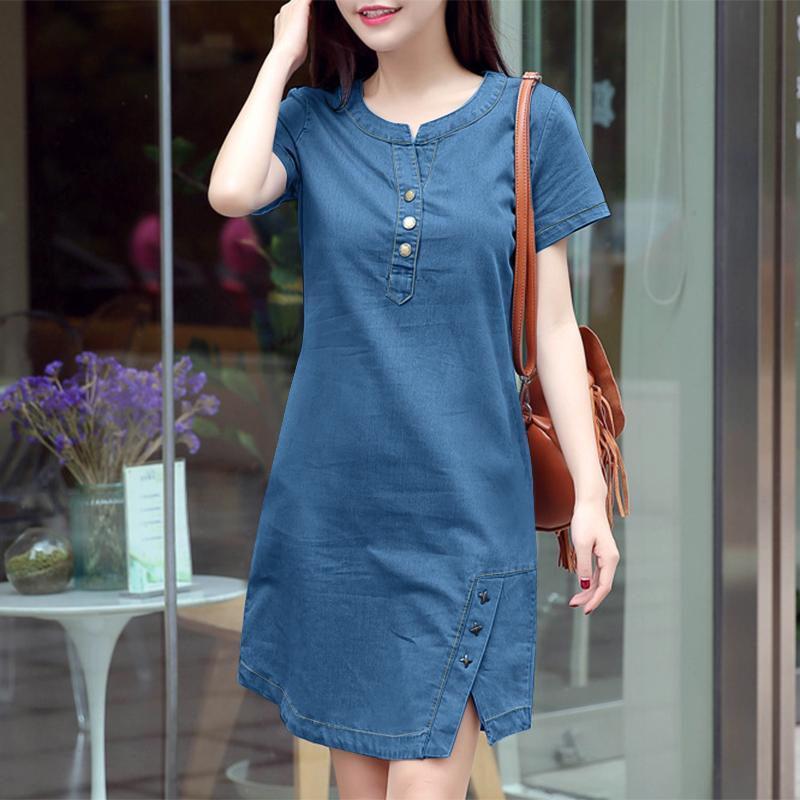 

Solid Button Front Slit Dress, Casual Crew Neck Short Sleeve Dress, Women's Clothing