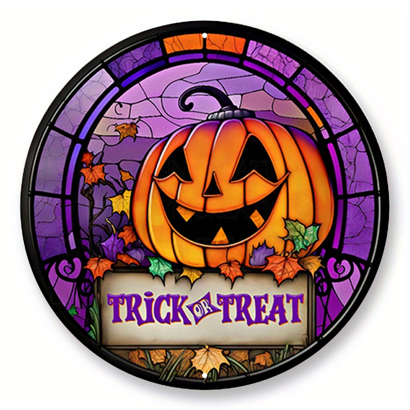 

1pc 8x8inch Aluminum Metal Sign Trick Or Treat Jack-o-lantern Wreath Sign, Metal Wreath Sign, Signs For Wreaths, Round Wreath Sign, Sign Creations