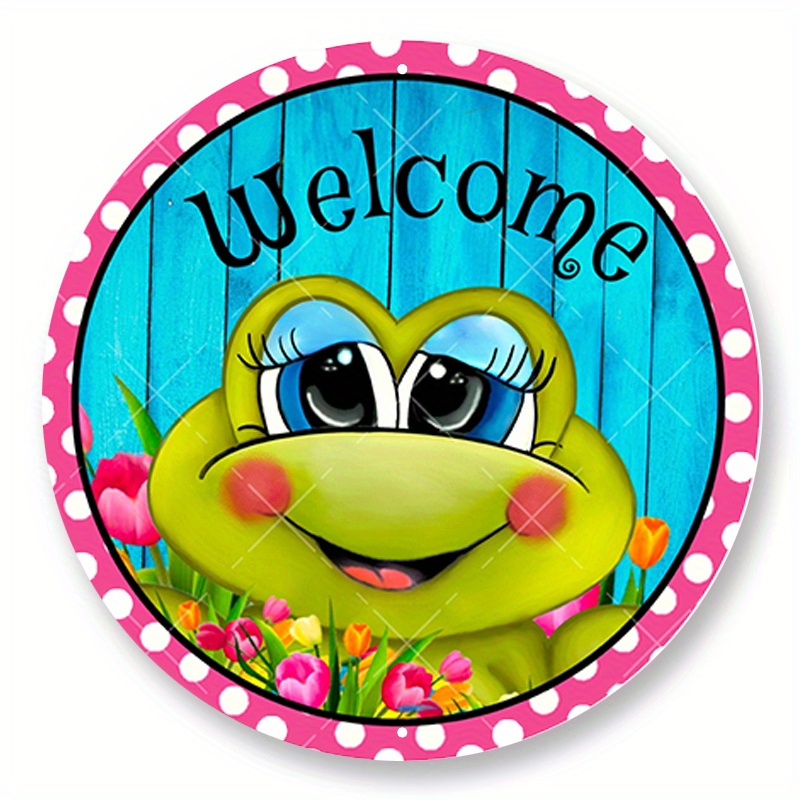 

1pc 8x8inch Aluminum Metal Sign Cute Frog Welcome Wreath Sign, Metal Wreath Sign, Signs For Wreaths, Round Wreath Sign