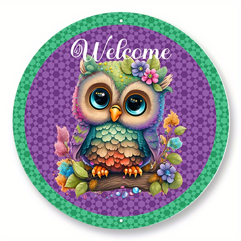 

1pc 8x8inch Aluminum Metal Sign Cute Owl Welcome Wreath Sign, Metal Wreath Sign, Signs For Wreaths, Round Wreath Sign, Door Decor, Sign Creations