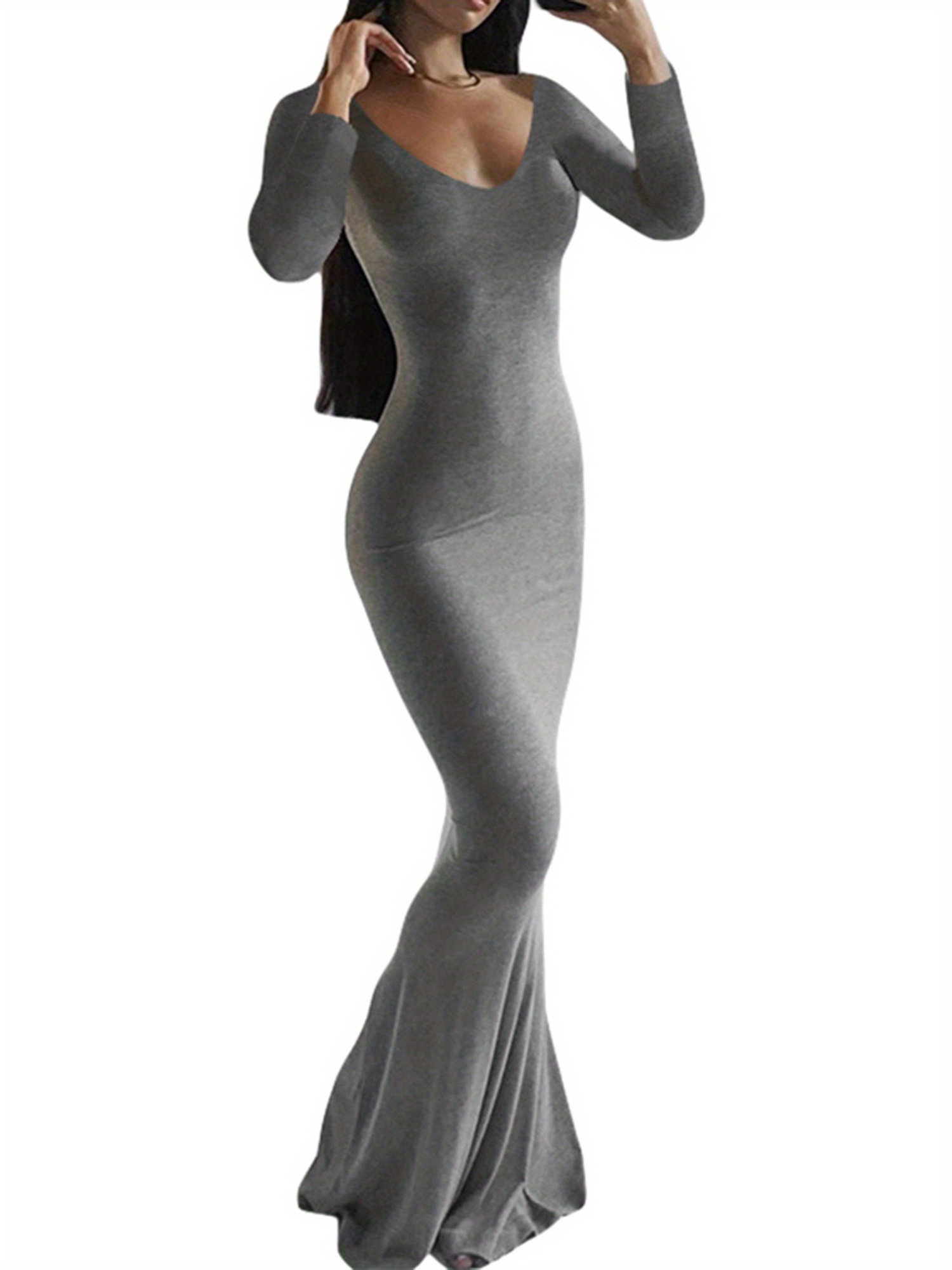 womens long sleeve v neck bodycon dress maxi casual fall - Temu