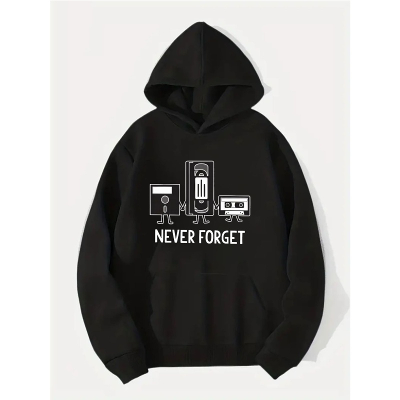 

Never Forget And Electronic Devices Print Hoodie, Cool Sweatshirt With Fleece For Men, Men's Casual Hooded Pullover Streetwear Clothing For Spring Fall Winter, As Gifts