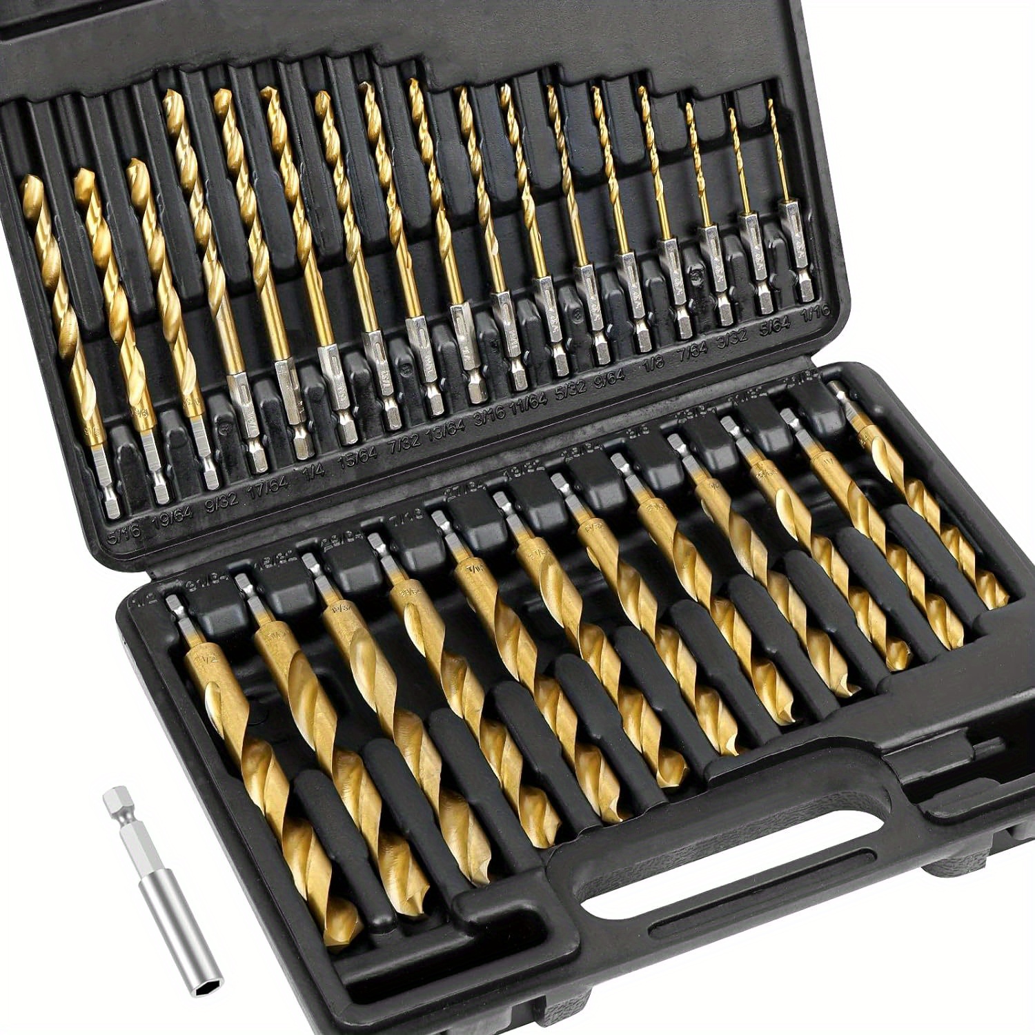 

13/30/50/90pcs Titanium Coated Drill Bit Set With Hex Shank, 135 Degree Tip High Speed Steel Drill Bits Kit With Storage Case For Steel, Aluminum, Copper, Soft Alloy Steel Size From 1/16" To 1/2"