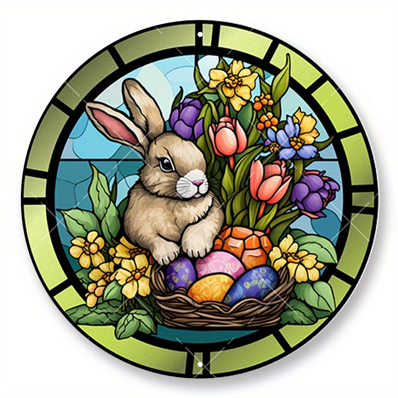 

1pc 8x8inch Aluminum Metal Sign Faux Stained Glass Bunny With Easter Eggs Wreath Sign, Metal Wreath Sign, Round Wreath Sign, Sign Creations