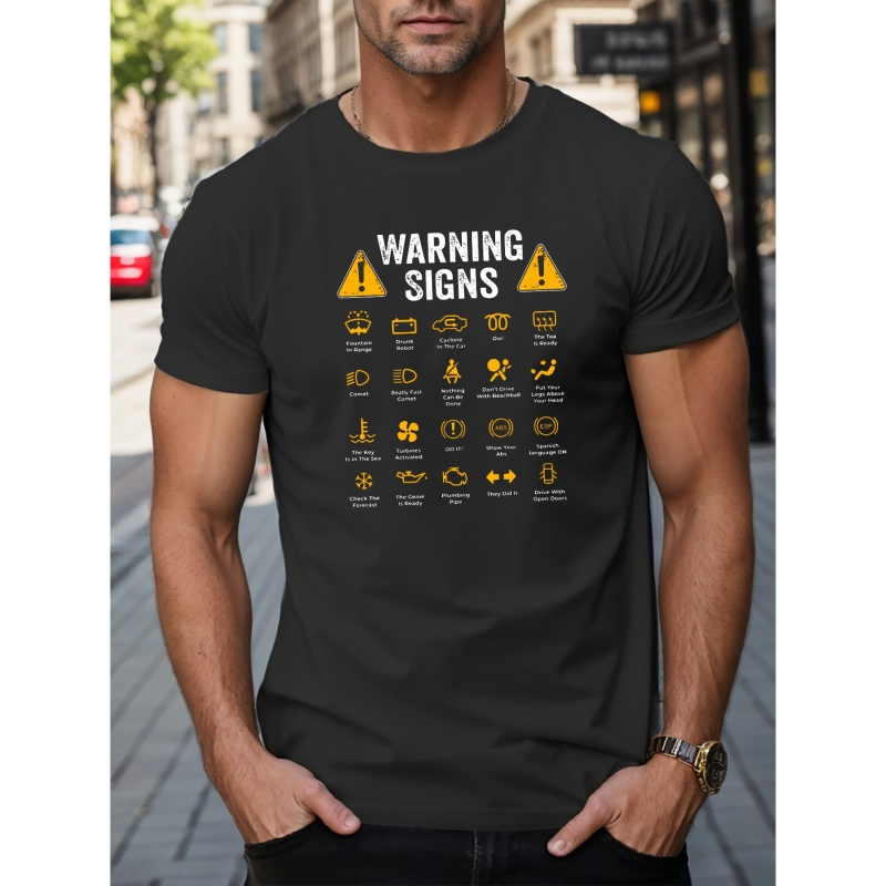 

Warning Sign Print Men's Short Sleeve T-shirts, Comfy Casual Breathable Tops For Men's Fitness Training, Jogging, Outdoor Activities
