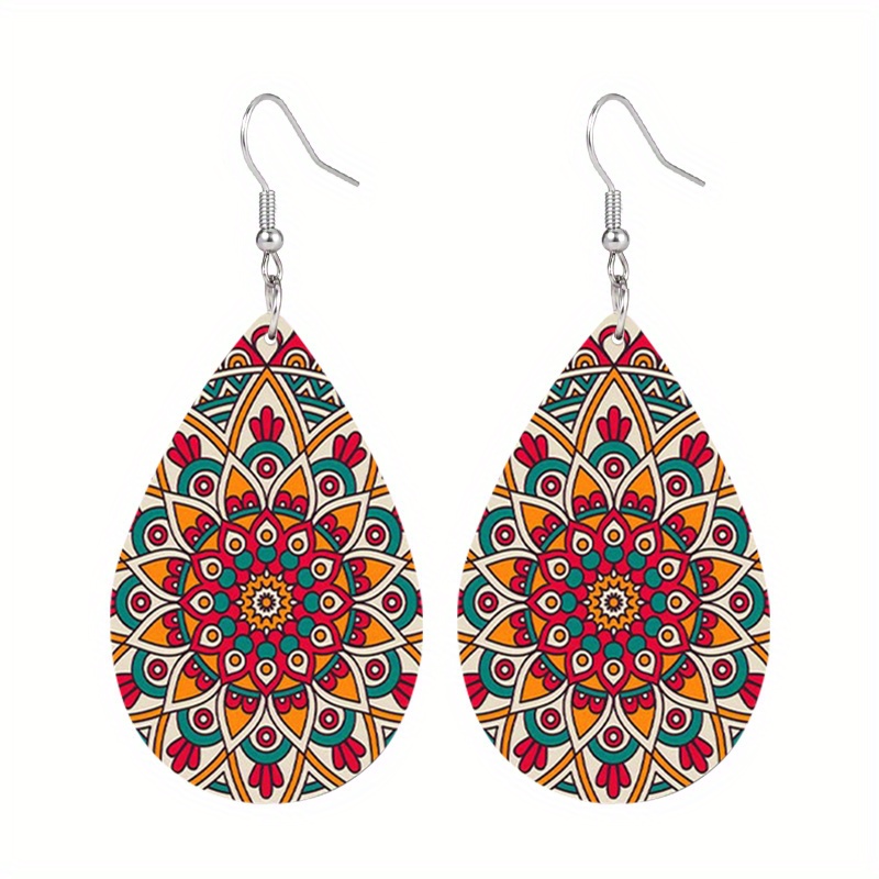 Image of 1 Pair Fashion Earrings For Women Bohemian Style Red Colorful Mandala Earrings Double Sided Printing Lightweight Teardrop Earrings Gift Ideas