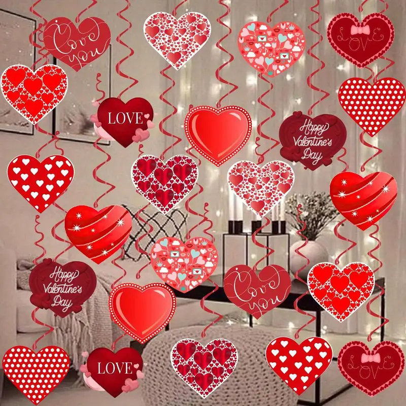 24pcs, Red Glitter Heart Decorations, Valentines Day Swirls Decorations  Hanging Love Heart Swirls For Valentine's Day Party Decorations Supplies  Roman