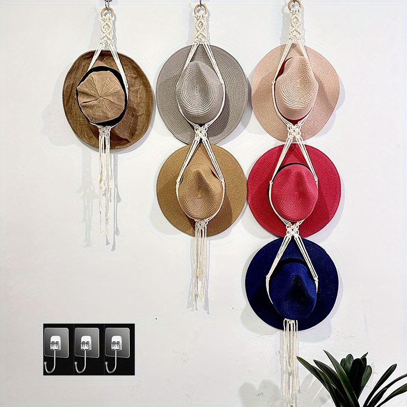 Macrame Hanging Boho Woven Hat Rack Wall Mounted Hat Storage - Temu