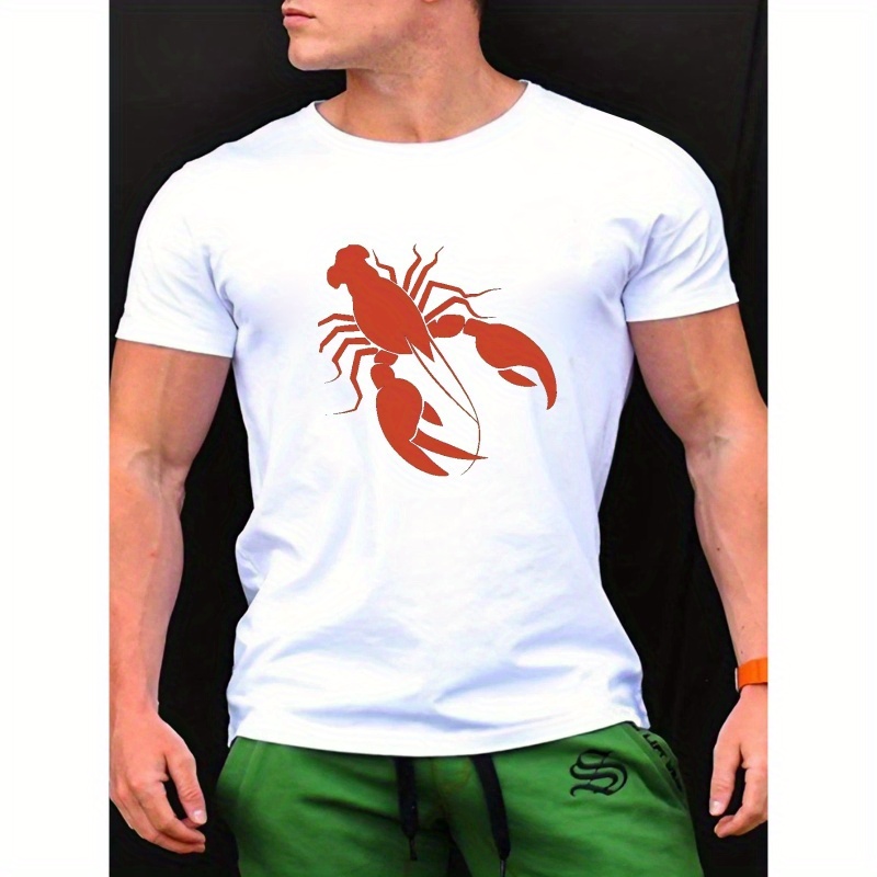 

Red Crawfish Print, Men's Vivid Graphic Design T-shirt, Casual Comfy Tees For Summer, Men's Clothing Tops For Daily Activities