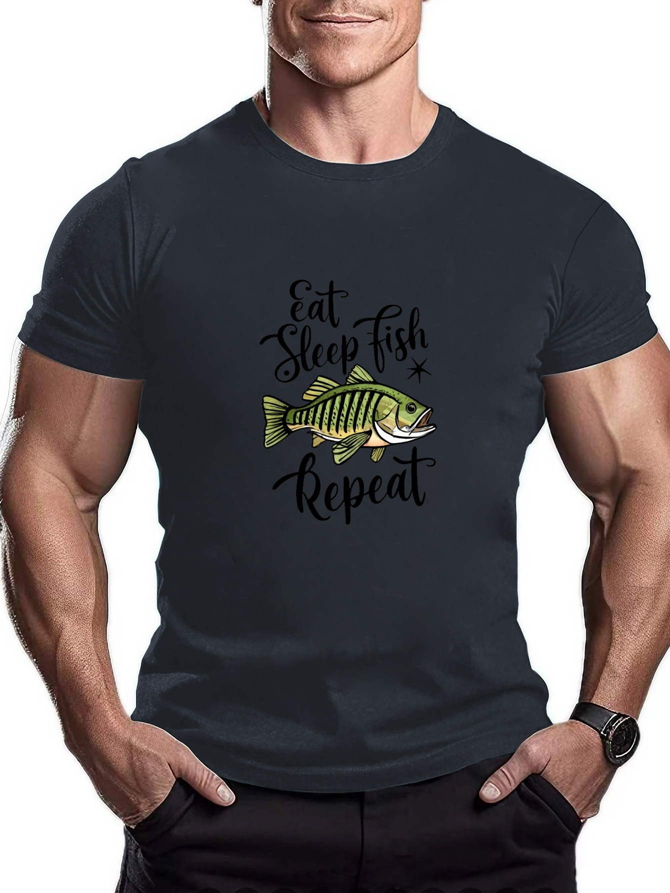 Eat Sleep Fish Repeat Big Drawn Fish Print Men's Novel - Temu