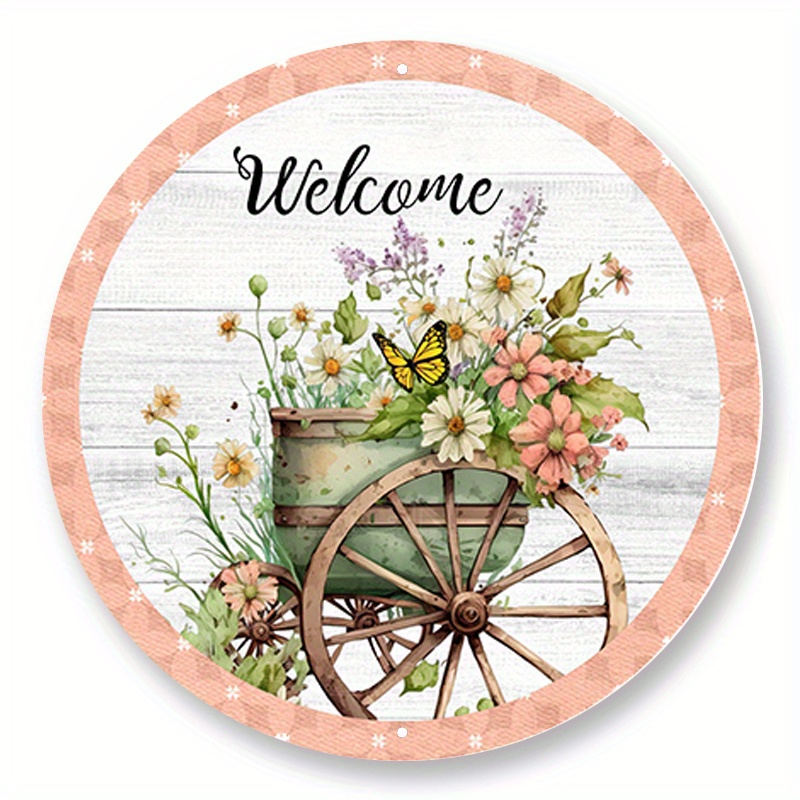 

1pc 8x8inch Aluminum Metal Sign Floral Farmhouse Welcome Wreath Sign, Metal Wreath Sign, Signs For Wreaths, Round Wreath Sign, Sign Creations