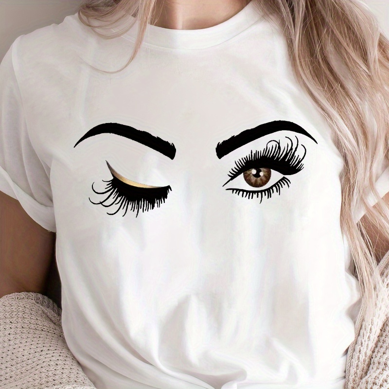 

Eyes Print Crew Neck T-shirt, Casual Short Sleeve T-shirt For Spring & Summer, Women's Clothing