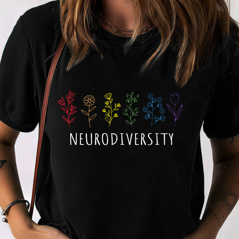 

Neurodiversity & Plant Print Crew Neck T-shirt, Casual Short Sleeve T-shirt For Spring & Summer, Women's Clothing