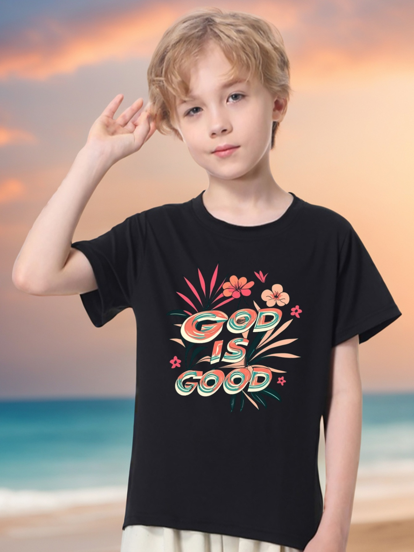 God Good Letters Print T shirt Kids Trendy Short Sleeve Top - Temu ...