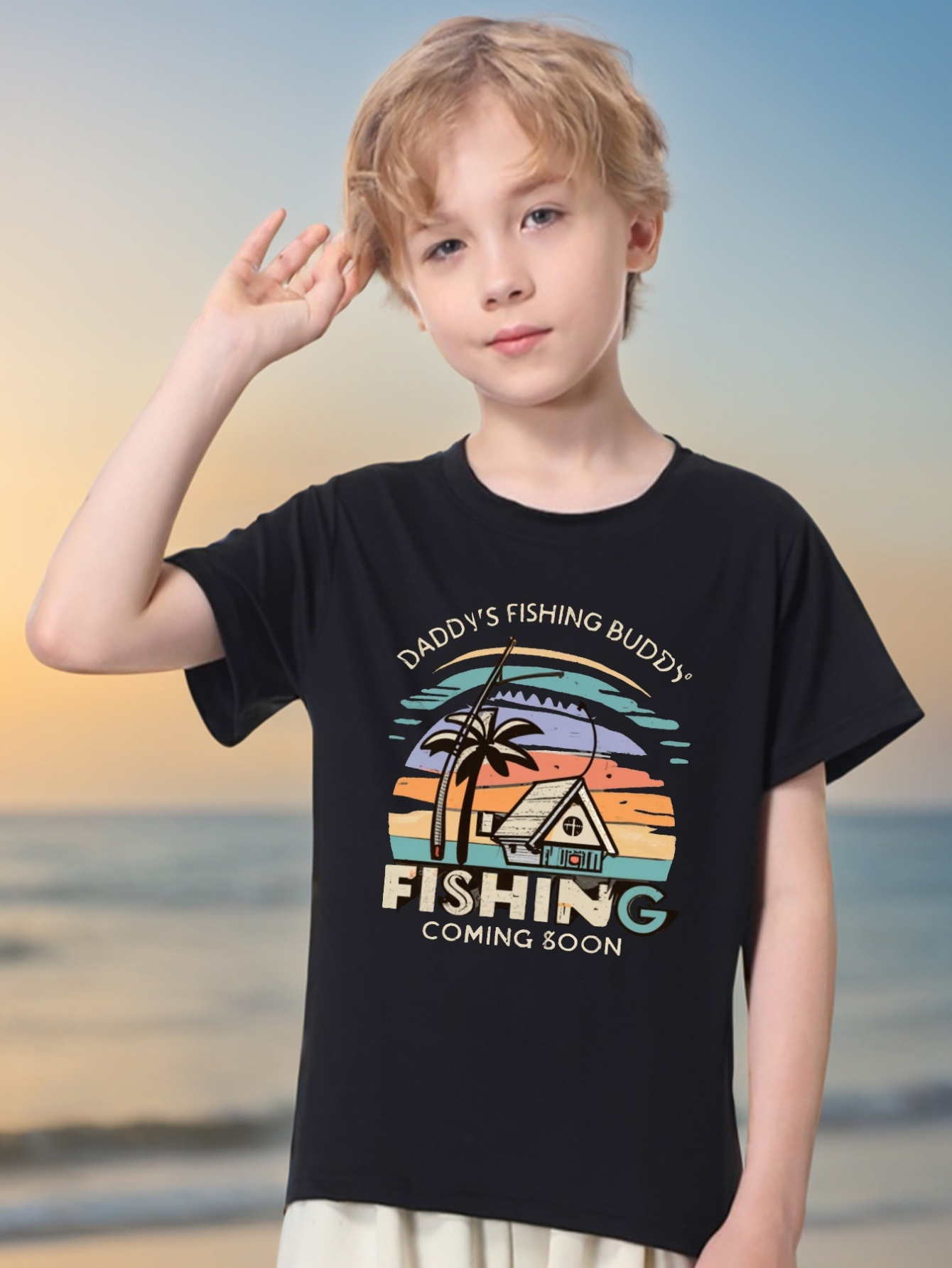 Daddy's Fishing Buddy Beach Scenery Pattern Print T shirt - Temu