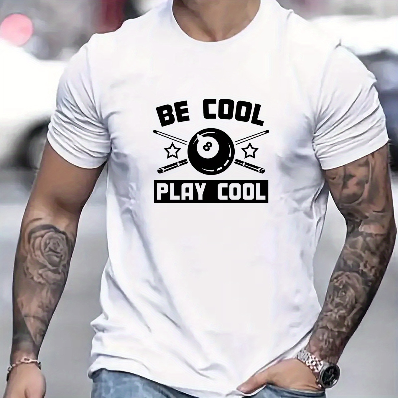

Be Coll Paly Cool & Billiard Ball And Cue Pattern Print Men's Casual Round Neck Short T-sleeves, Quick-drying Comfy Casual Summer T-shirt For Daily Wear Work Out And Vacation Resorts