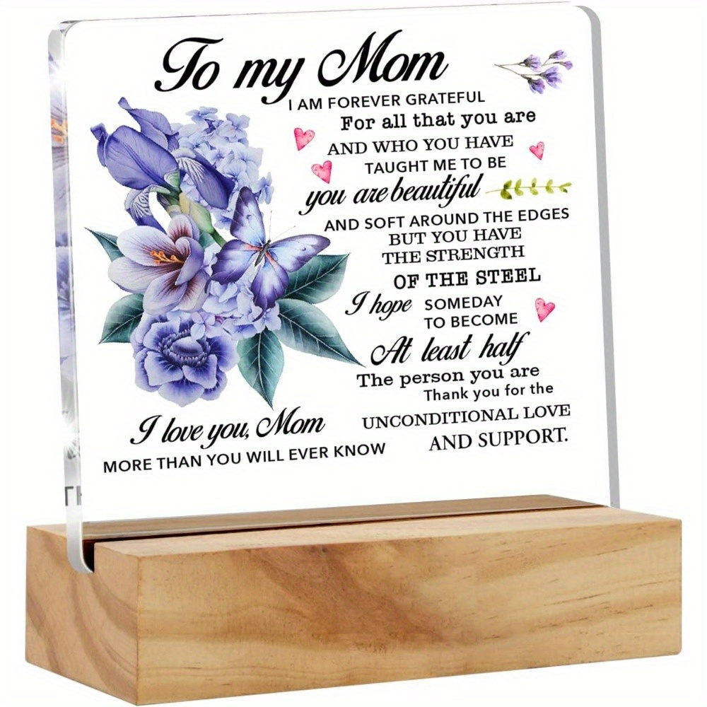 

1pc, Mom Gift From Daughter Son, Beautiful I Love You Mom More Than Desk Decor Floral Butterflies Mom Acrylic Desk Plaque Sign With Wood Stand Home Office Desk Sign Keepsake
