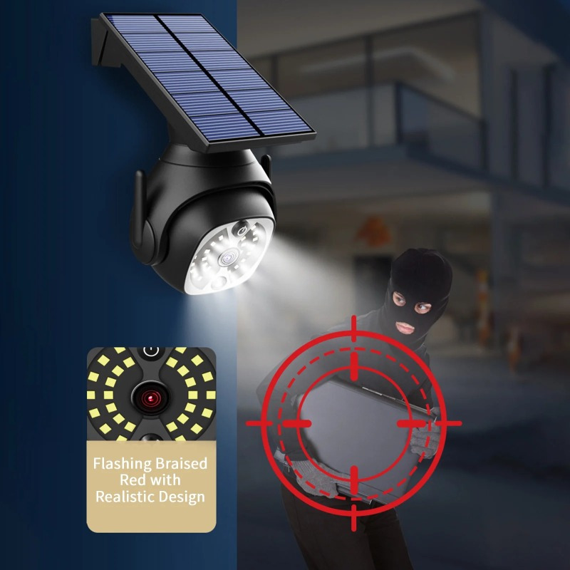Cámara Falsa Vigilancia Exterior - 80 Luces LED - Sensor de Movimiento -  Resistente al Agua y Polvo - Auto Recarga Solar : : Electrónica