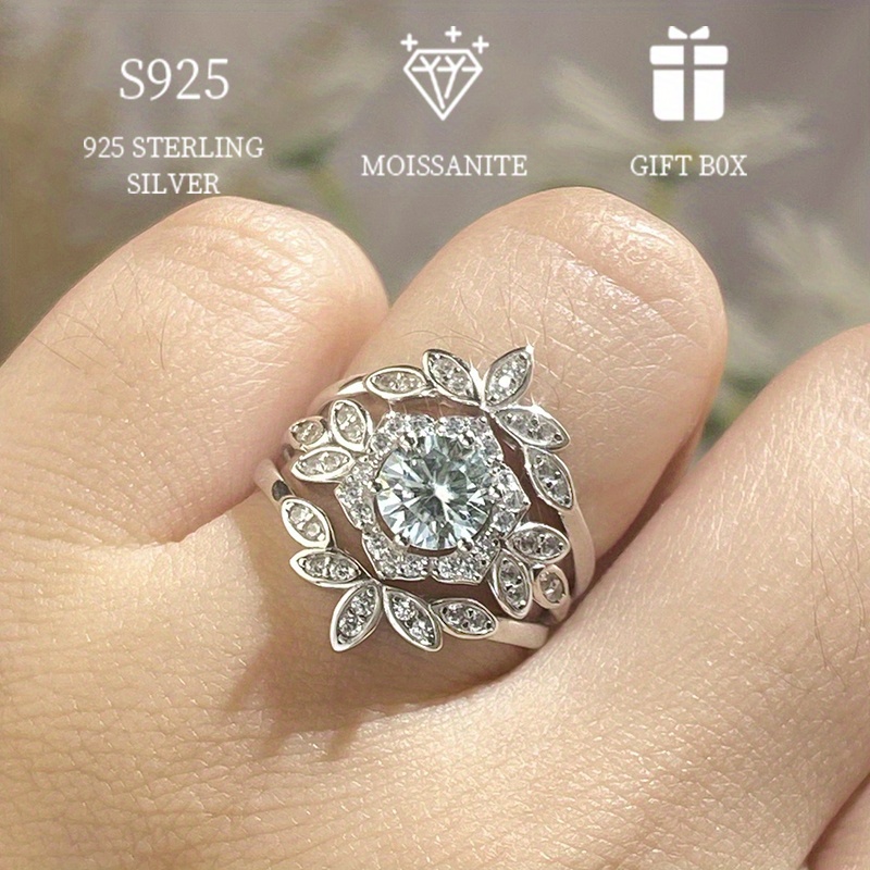 1ct Moissanite Stacking Rings 925 Sterling Silver Sparkling Flower Design  High Quality Engagement/ Wedding Ring Evening Party Decor With * A