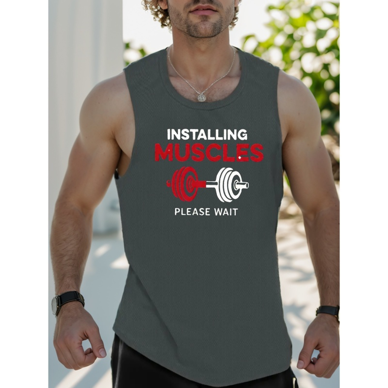 

Installing Muscles Print Sleeveless Tank Top, Men's Active Undershirts For Workout At The Gym