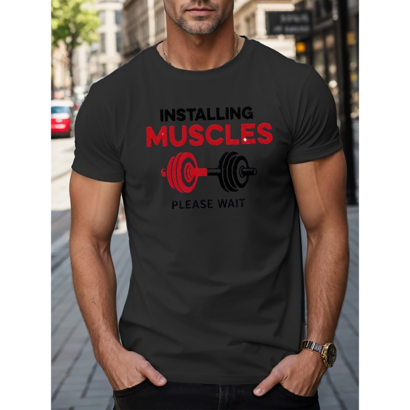 

Installing Muscles Print Men's Short Sleeve T-shirts, Comfy Casual Breathable Tops For Men's Fitness Training, Jogging, Outdoor Activities
