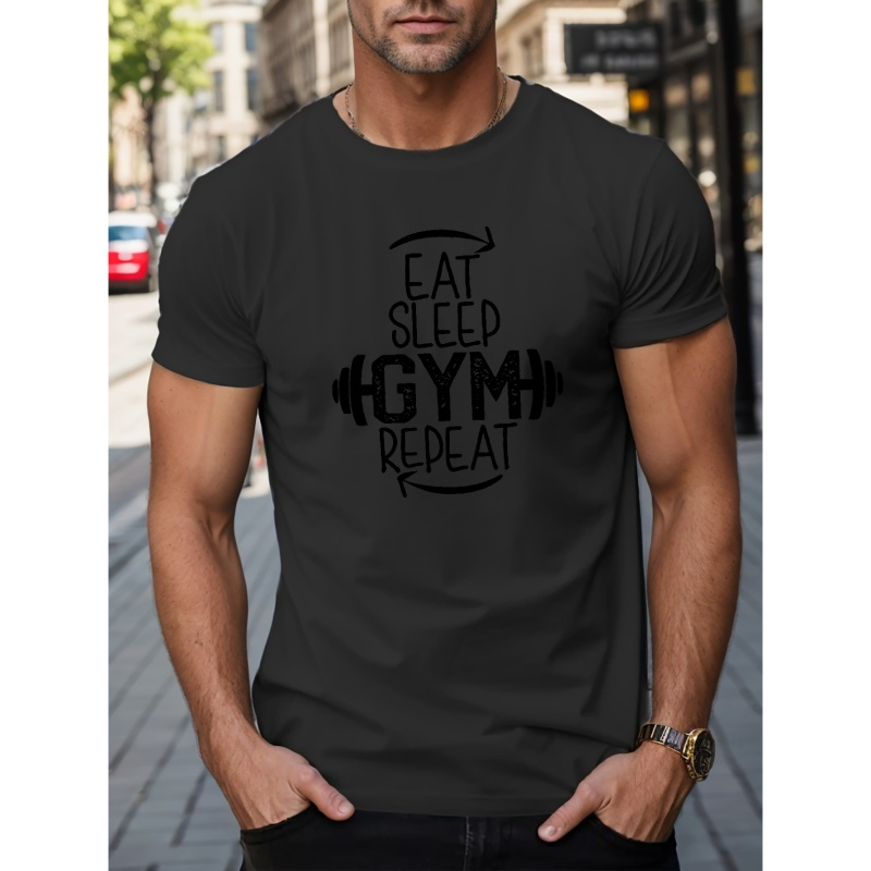 

Eat-sleep-gym-repeat Print Men's Short Sleeve T-shirts, Comfy Casual Breathable Tops For Men's Fitness Training, Jogging, Outdoor Activities
