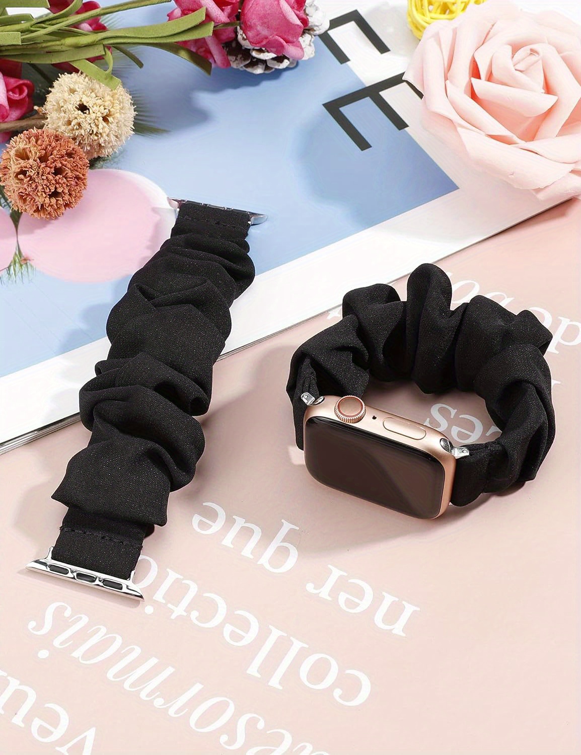 Scrunchie Band for Apple Watch - Cute Printed Elastic Solo Loop Band in Beige, Pink, Green, White, and Brown, Compatible with Series 8, 7, 6, 5, 4, 3, 2, 1 SE, Available in Sizes 38mm, 40mm, 41mm, 42mm, 44mm, 45mm, Bracelet for Apple Watch