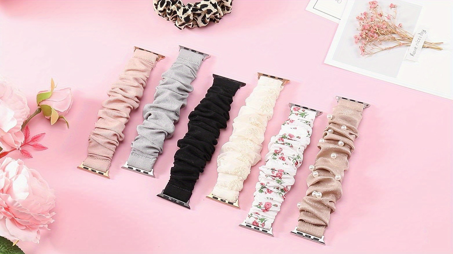 Scrunchie Band for Apple Watch - Cute Printed Elastic Solo Loop Band in Beige, Pink, Green, White, and Brown, Compatible with Series 8, 7, 6, 5, 4, 3, 2, 1 SE, Available in Sizes 38mm, 40mm, 41mm, 42mm, 44mm, 45mm, Bracelet for Apple Watch