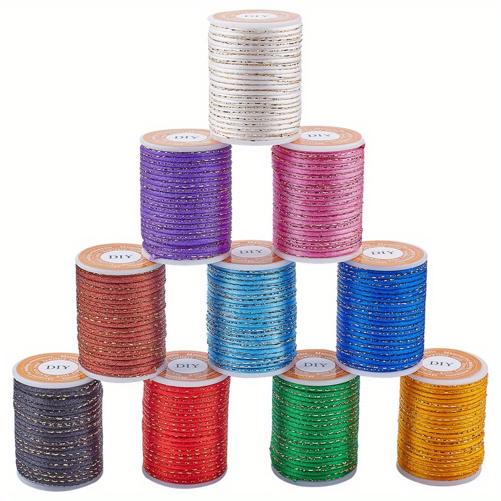 

1 Set 10 Rolls 43 Yard Rattail Satin Nylon Trim Cord 1.5mm Polyester Chinese Knotting Cord With Golden Metallic Cord For Necklace Bracelet Beading Cord - 10 Colors