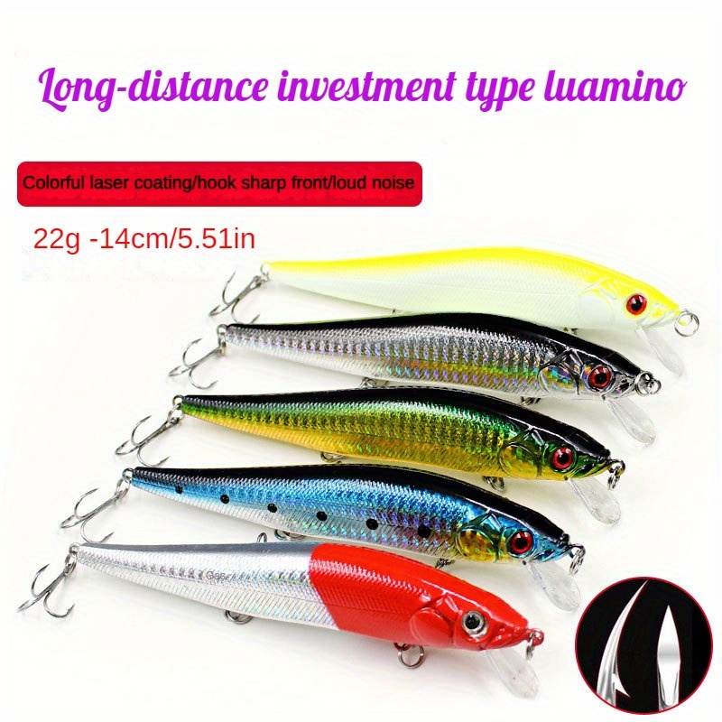 

1pc 14cm/22g Long Casting Minnow Lure, Sea Bass Fishing Bait With Built-in Ball, Hard Bait With Sharp Hooks