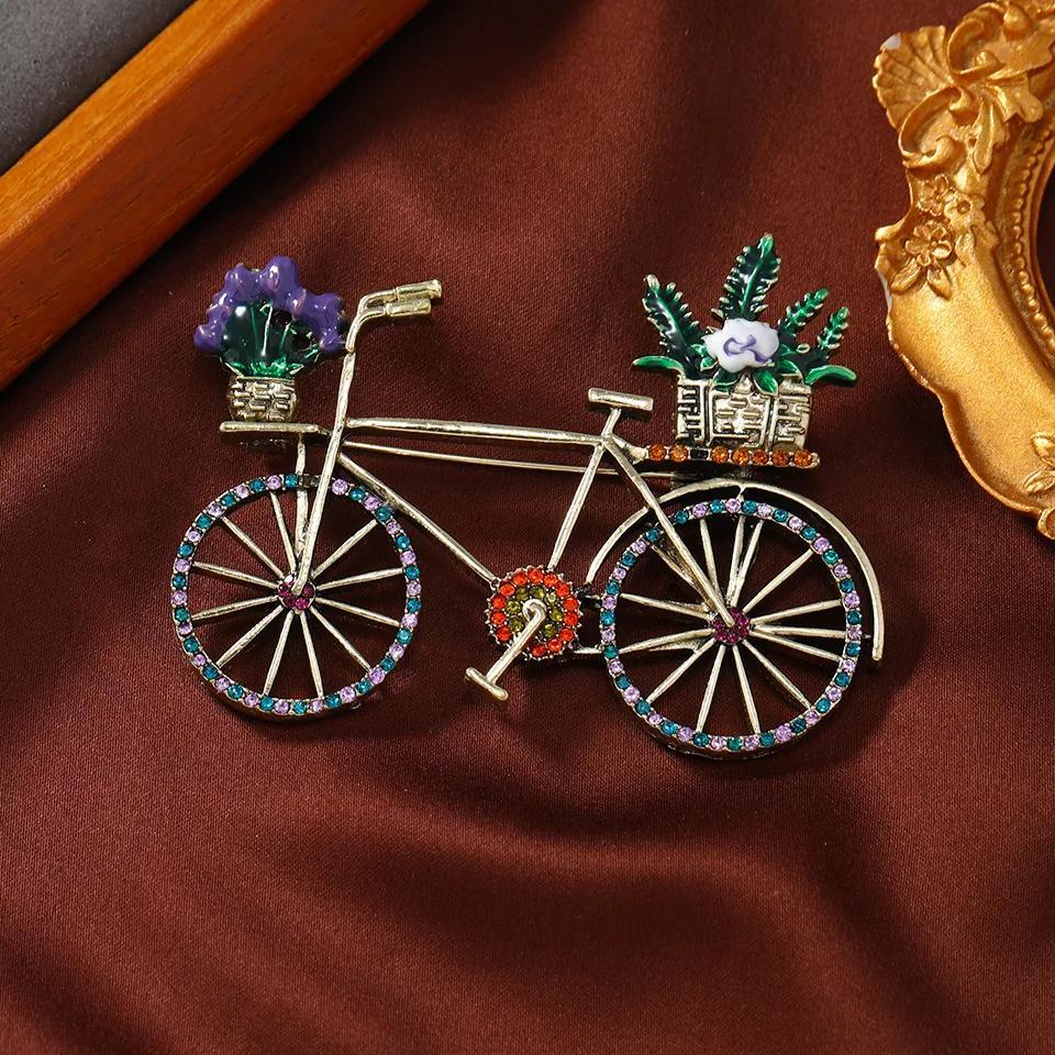 Image of Elegant Vintage Bicycle Brooch With Rhinestones, Medieval Flower Bike Pin For Women's Coats, Banquet Jewelry Accessory