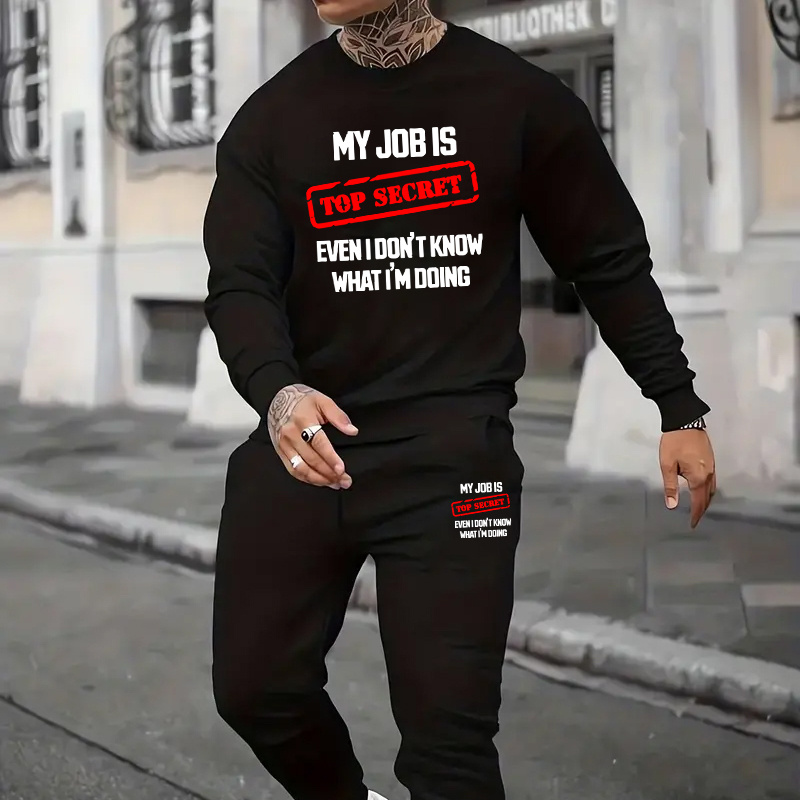 

My Job Is Top Secret Print, Men's 2pcs Outfits, Casual Crew Neck Long Sleeve Pullover Sweatshirt And Drawstring Sweatpants Joggers Set For Spring And Fall As Gifts