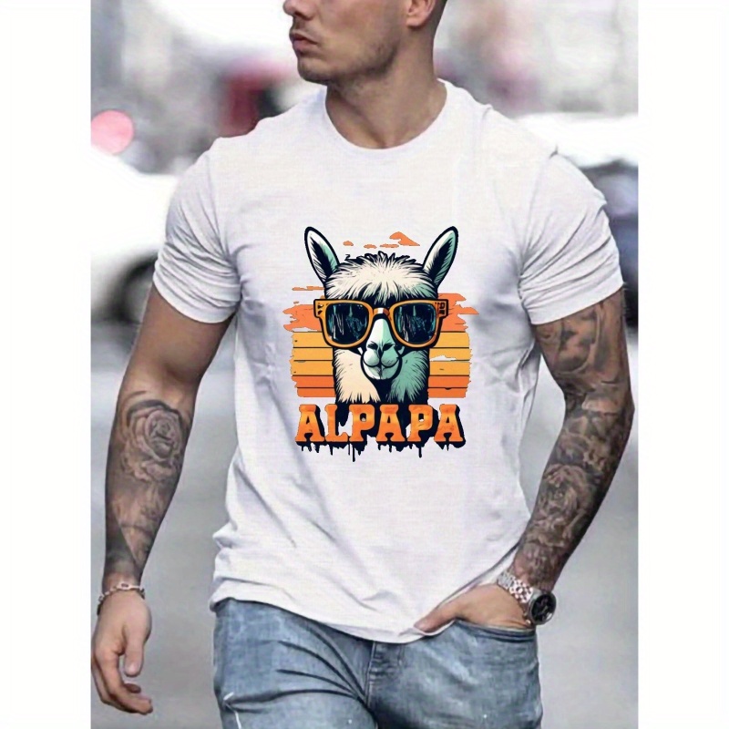

T-shirt imprimé alpaga avec des lunettes de soleil, pour hommes, tee-shirt décontracté à manches courtes pour l'été