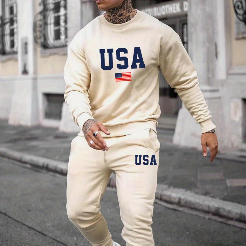 

Usa And American National Flag Graphic Print, Men's 2pcs Outfits, Casual Crew Neck Long Sleeve Pullover Sweatshirt And Drawstring Sweatpants Joggers Set For Spring And Fall, Men's Clothing